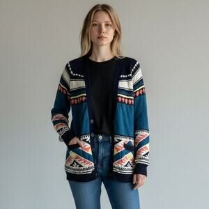 Nollie Cardigan Womens Medium Aztec Print Button Up Sweater Multicolor